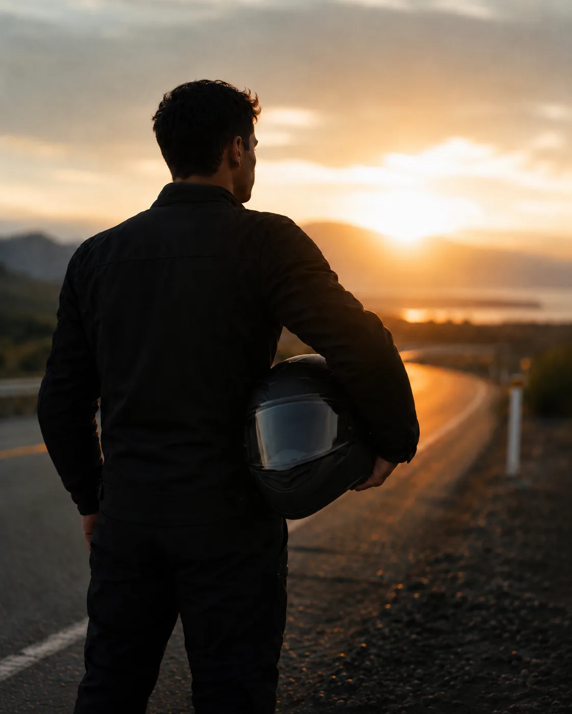 A rider seen from behind at dusk, a full-face helmet held under one arm, looking down an open road toward the setting sun.